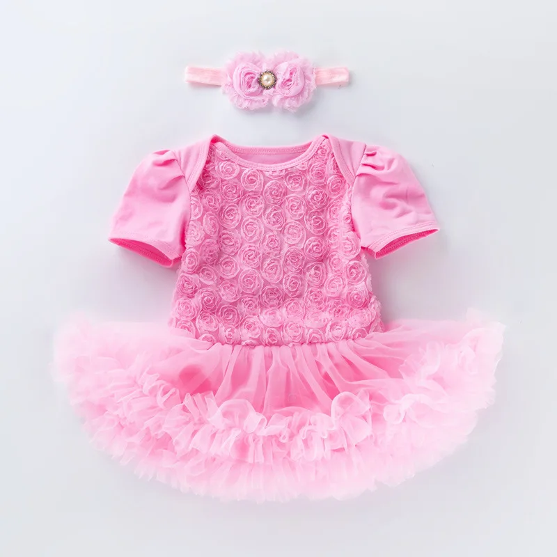 2025 신상 여아 휴일 바디수트 드레스 슈트 반팔 복합 로즈 공주 키즈 롬퍼 드레스+헤어밴드 투피스 세트