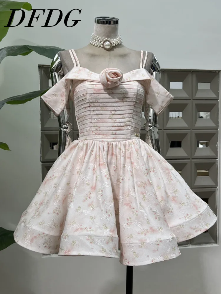 DFDG 2025 Resort Women’s Off Shoulder Floral Flounce Dress Elegant Smocked Waist Vacation Wear Spring Summer Fashion Dress