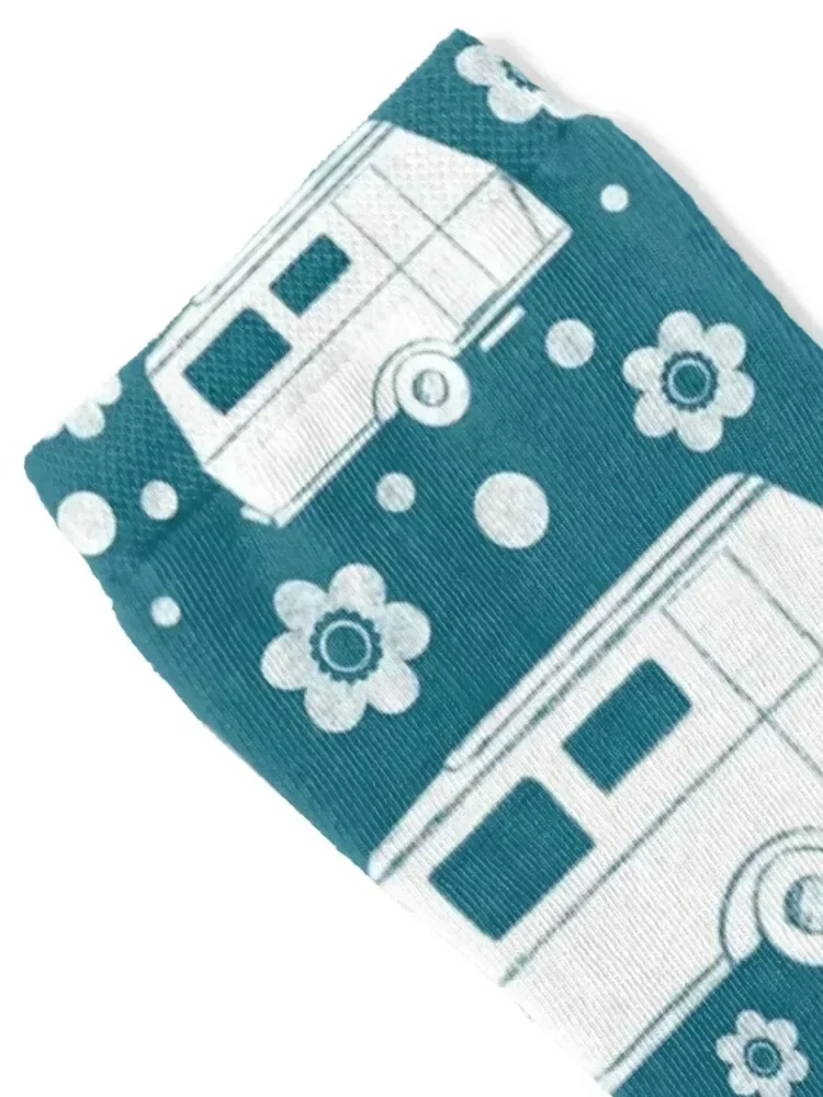 Vintage Caravan block print in dark teal and white Socks gym sport winter gifts Men Socks Women's