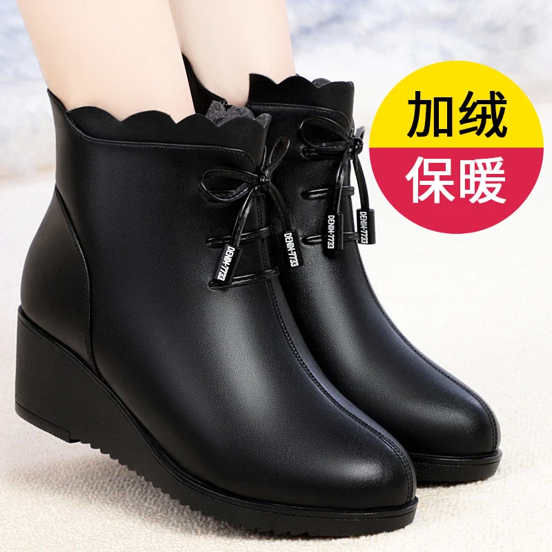 New Zipper Women\'s Wedge Short Boots Butterfly-knot Lace Up Winter Round Toe Solid Plush Warm Ankle Fashion Boots