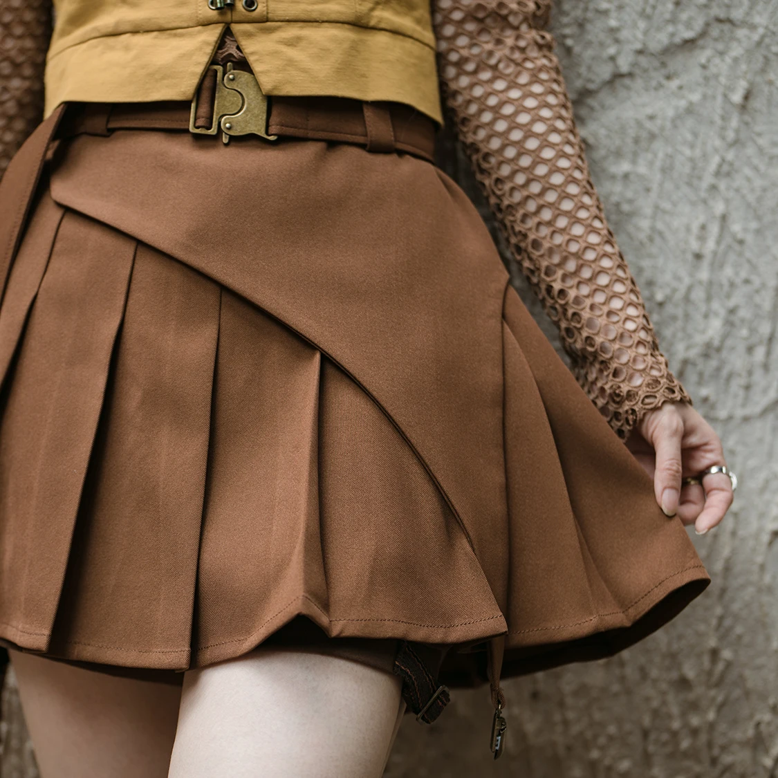 st-continent-m's-automne-ete-orange-marron-coupe-irreguliere-design-sens-plisse-ort-jupe-rue-punk-sle-fermeture-eclair