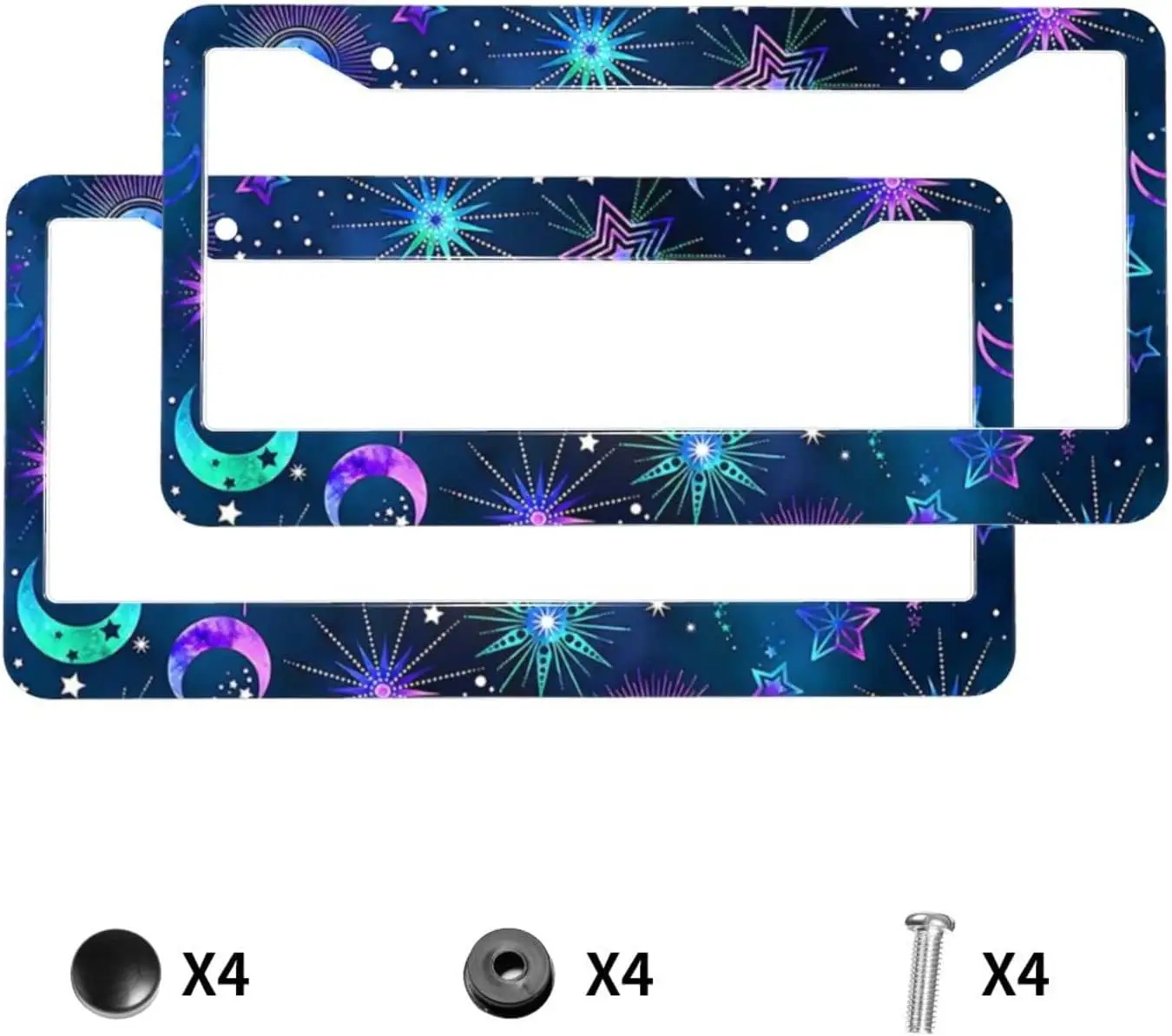 2 Pcs Colorful Neon Galaxy Moon Car License Plate Frame Front Rear License Plate Car Tag Framefor Women Girl Men Vehicles