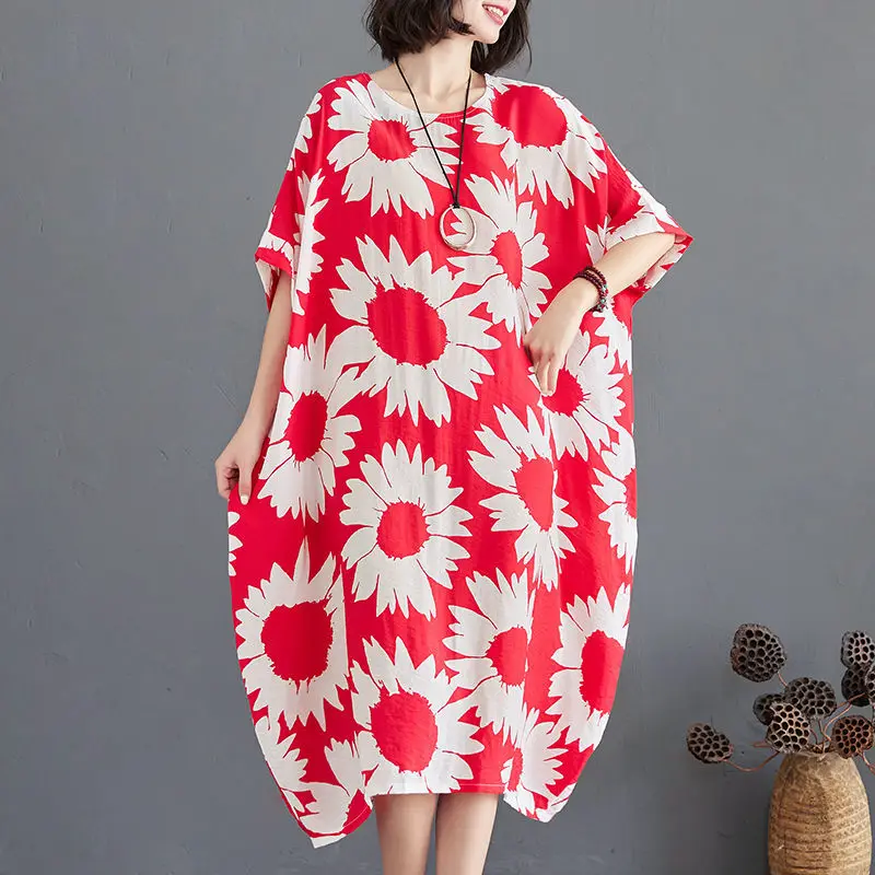 Dameskleding Kantoor Dame Afdrukken Oversized Jurken Dames Eenvoud O-hals Korte mouw Losse midi-jurk Zomervlasjurken
