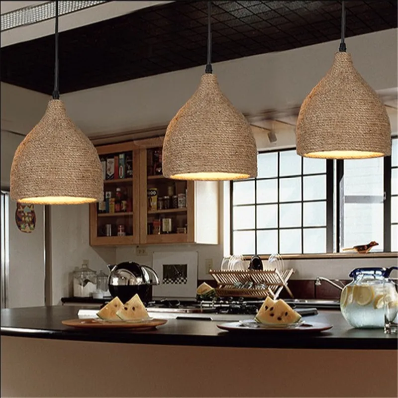 Hemp Rope Vintage Pendant Light Fixtures For Ceiling Kitchen Dining Room Loft Hanging Lamp Home Decoration Industrial Lighting