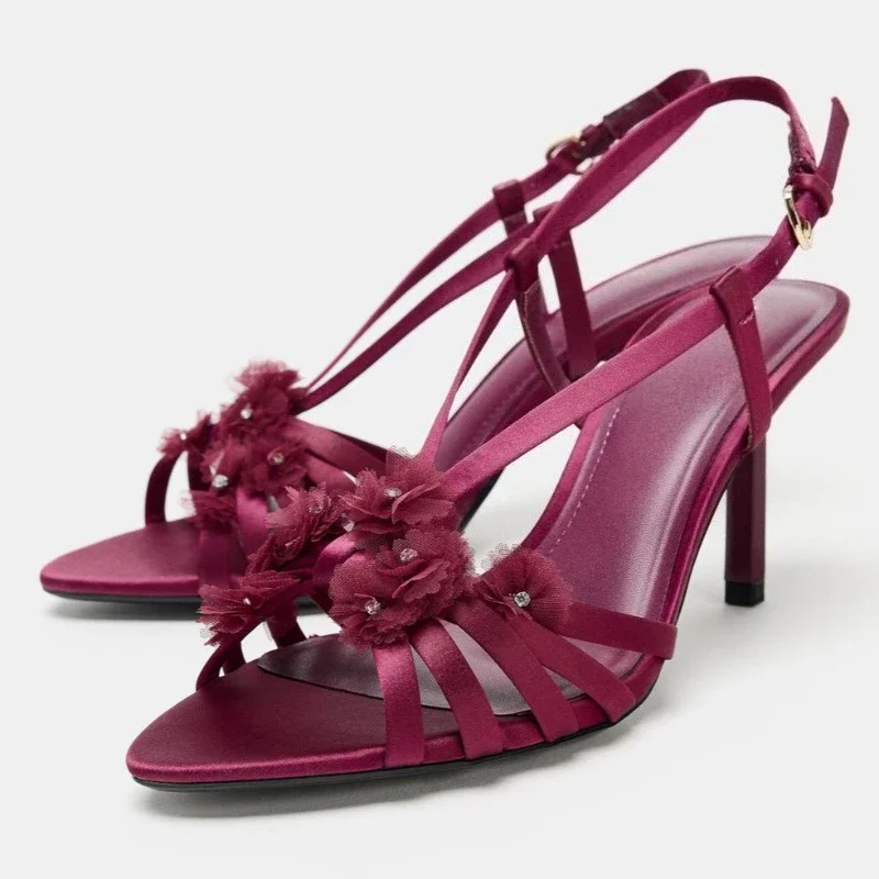 

Satin Flower Brand Women Sandals Rhinestone Luxury Thin Heeled Party Shoes Fashion Narrow Band Sexy Slingback Heels for Women