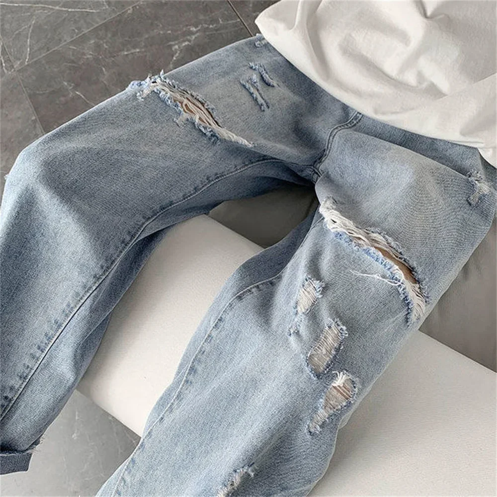 Summer Slim Fit Jeans for Mens Streetwear Korean Designer Regular Distressed Denim Slim Homme Pants Hip Hop Hole Jeans Trousers