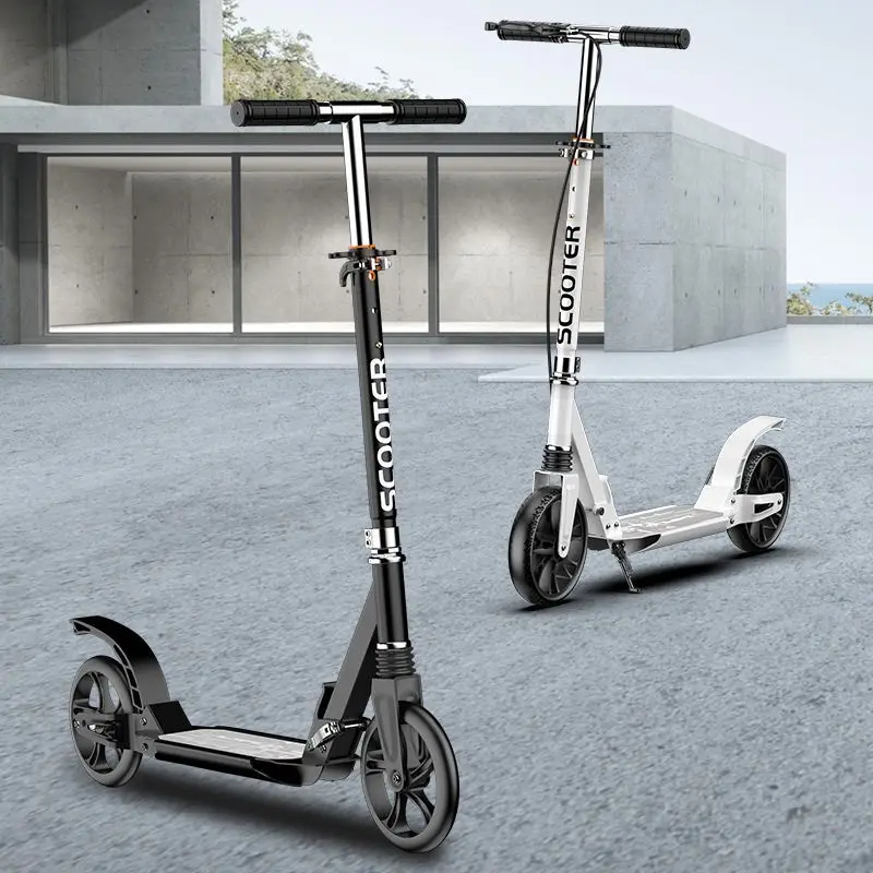 Foldable Big Wheel Kick Scooter Adjustable Height Shock Absorption Non-slip For Adult Teens Outdoor Commute Black White
