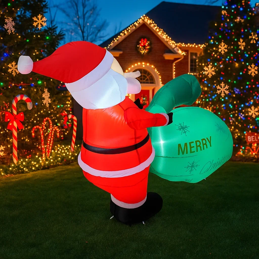 Santa Claus Tiup 1.6M/5.2FT dengan Tas Natal, Lampu LED, Dekorasi Rumah, Mainan, Lampu Luar Ruangan untuk Liburan Natal