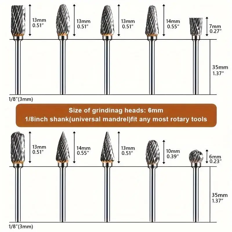 10Pcs/Set Premium Tungsten Carbide Grinding Bit Set Dual Cut for Precision Deburring Polishing Compatible with Rotary Tools