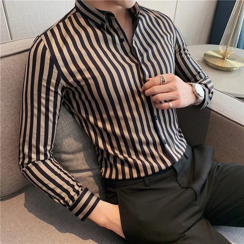 

Plus Size 4XL-M New Business Formal Shirts Men Dress Vertical Stripe Streetwear Slim Men Shirt Casual Long Sleeve Tuxedo Shirt