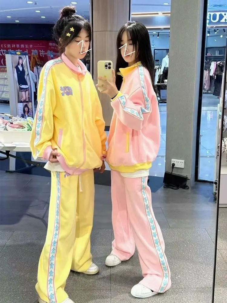 

Casual Sports Suit for Women Autumn Loose Long Sleeved Zipper Sweatshirt + Drawstring Pants 2 Pcs Sets Women Sweet Y2k Suits