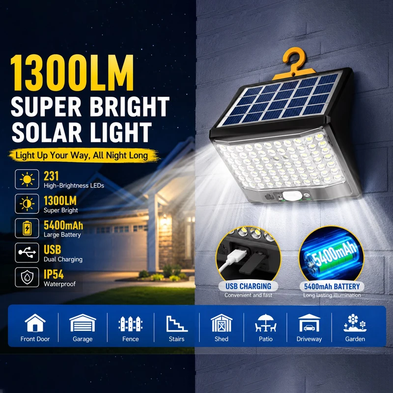 

1300LM Outdoor Solar Lights 5400mah Wall Lamp 231LED 5 Modes Motion Sensor Flood Lights with Hook for Garden Yard Path Garage