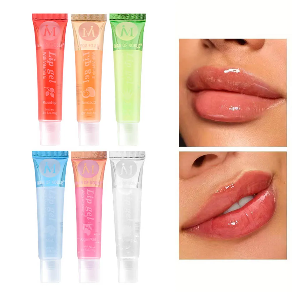 6/12Pcs Fruity Watery Glossy Lip Gloss Set VE, Rosehip, Argan, Mint, Aloe, Coconut Flavor Clear Lip Oil Moisturizing Lip Plumpin