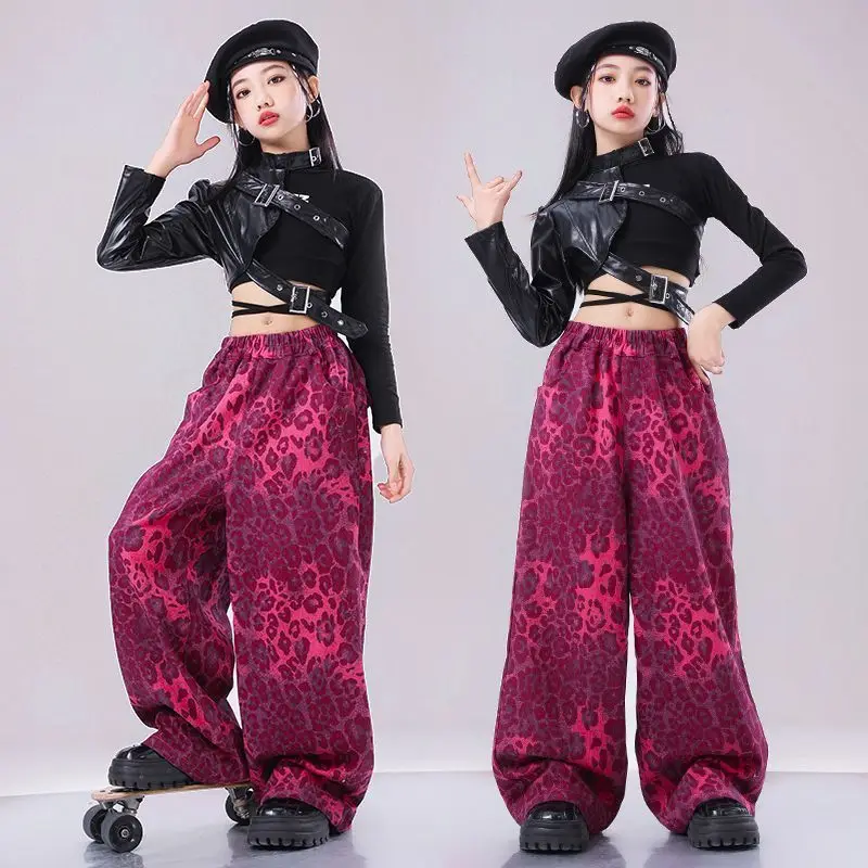 Jazz Dance Performance Clothes Umbilical Suits Girls' Runway Rehearsal Clothes A Set of Pink Leopard Print Shorts 6-16 Years Old