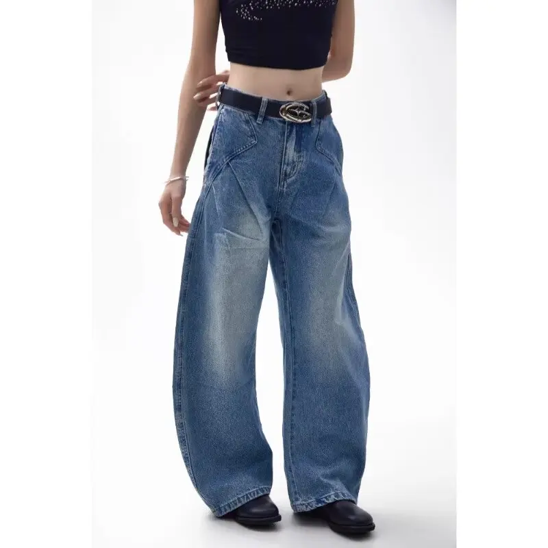 Blue Womens Jeans High Waist Vintage Design Hip Hop Straight Baggy Denim Pants Street Y2K American Style Wide Leg Denim Trouser