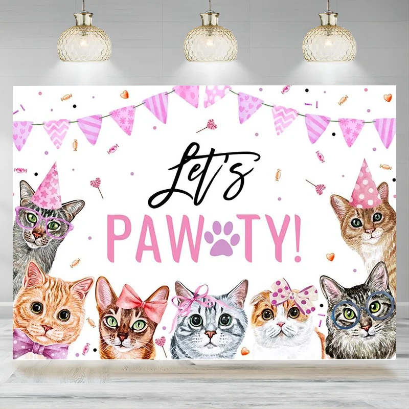 

Cute Cats Happy Birthday Themed Backdrops Pink Girl Photography Background Banner Puppy Bday Party Photo Party Decorations