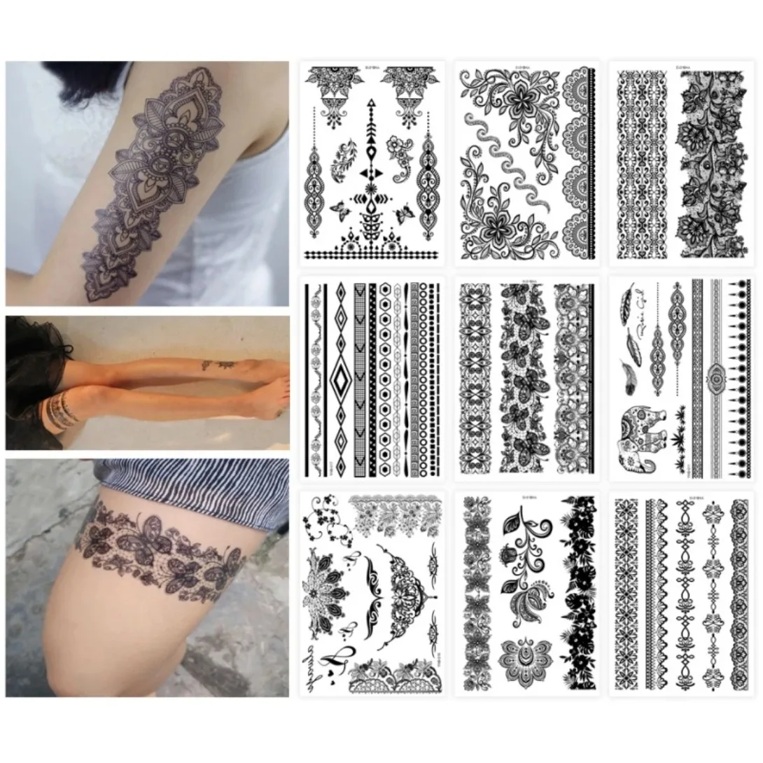 Tatuagem Temporária De Renda Preta, Transferência De Adesivos, Impermeável, Ambientalmente Amigável, Falsa, Mulheres, 1 Pc