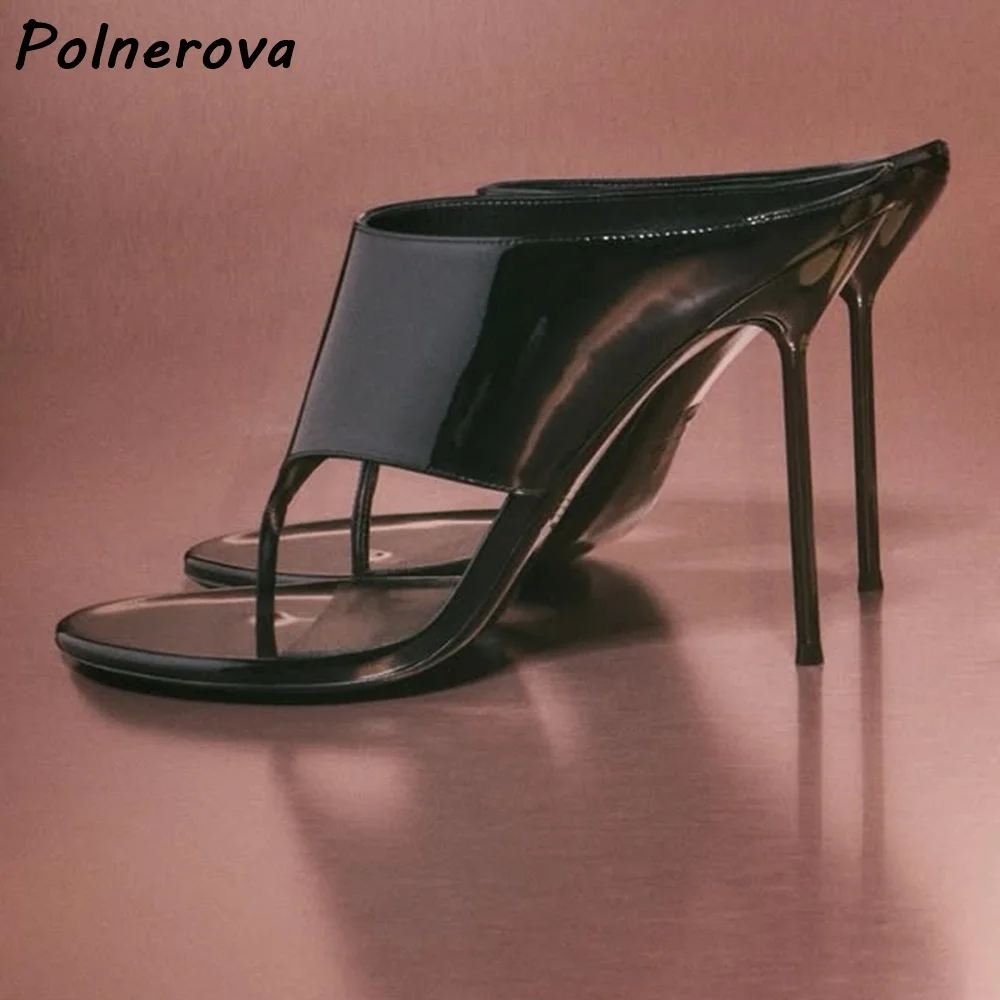 Thong Stiletto Mules Slippers Women Patent Leather Square Toe Slip On Sexy Party Dress Sandals Round Toe Flip Flops Summer Shoes