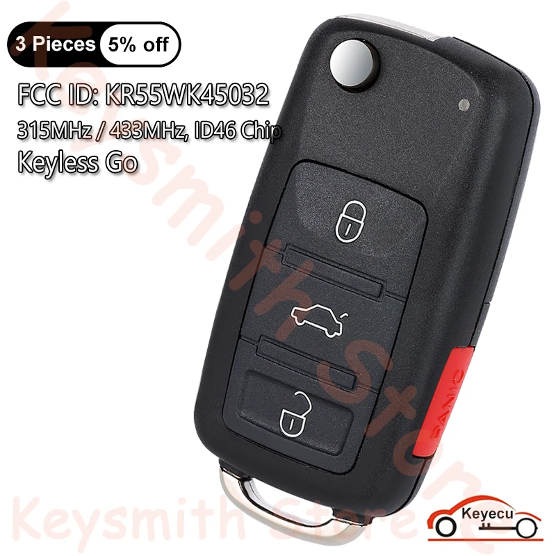 

KEYECU 3+1 4 Buttons 315MHz 433MHz ID46 Chip for Volkswagen VW Touareg 2004-2010 Auto Keyless Go Flip Remote Control Key Fob