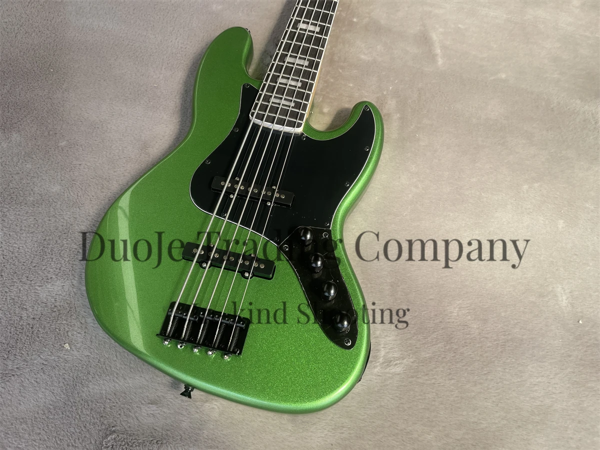 5 Strings Electric Bass Jazz Solid Body Metal Green Bass Rosewood Fingerboard Active Battery Black Guard Black Tuners Bridge