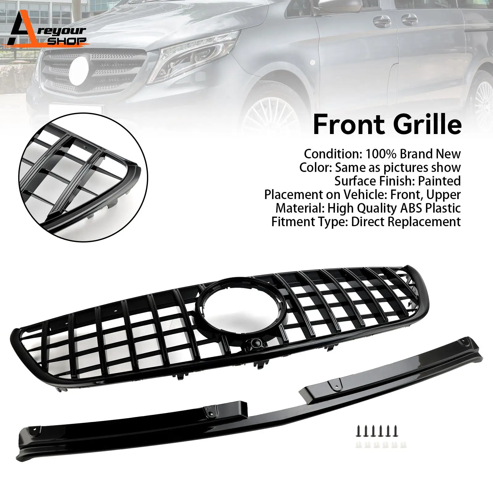 Areyourshop Gloss Black Front Bumper Grill Grille Fit Mercedes Vito W447 2015 2016 2017 2018 2019 GT Stlye