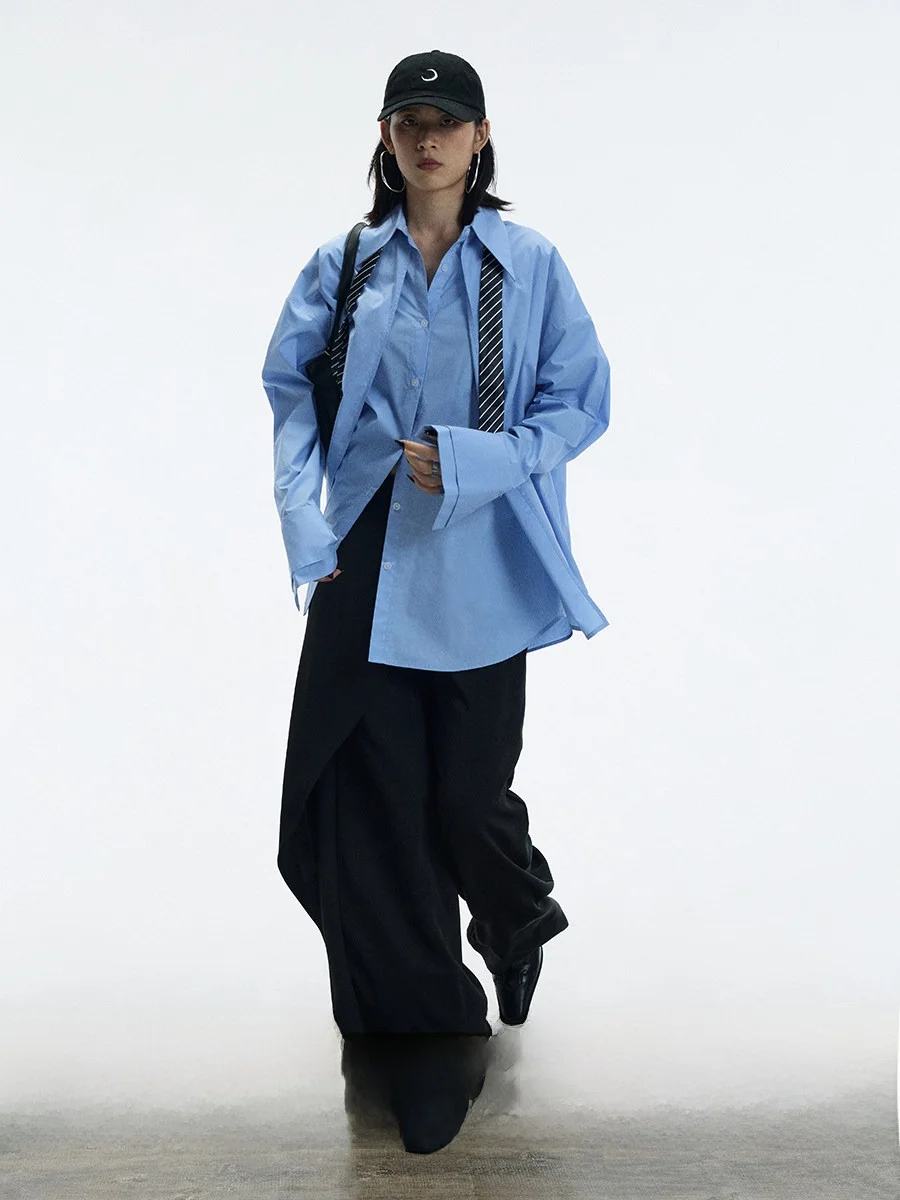 

Loose Fit Blue Point Collar Fake Two-Piece Long Sve irt Casual Sle Women's Cotton irt Resistant to Deformation