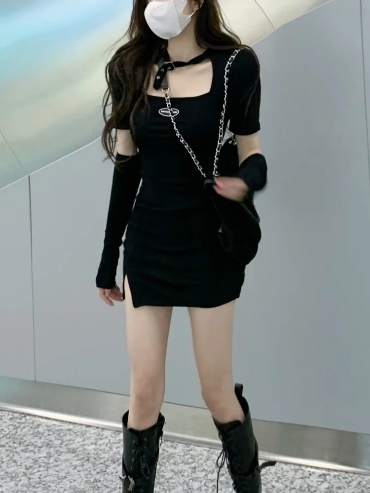 Robe noire moulante et Sexy pour femmes, tenue de bureau, fourreau portefeuille, courte fendue, col carré, mode Kpop, Y2k, 2023