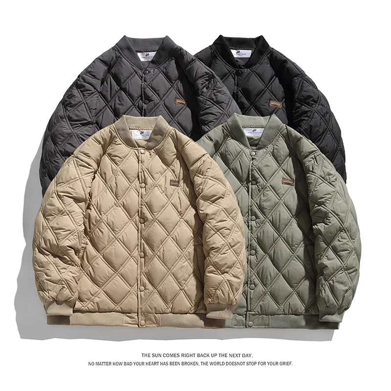 Vintage Versatile Style Men's Filler Padded Winter Casual Loose Warm Coat Simple Stand Collar Argyle Classic Jacket