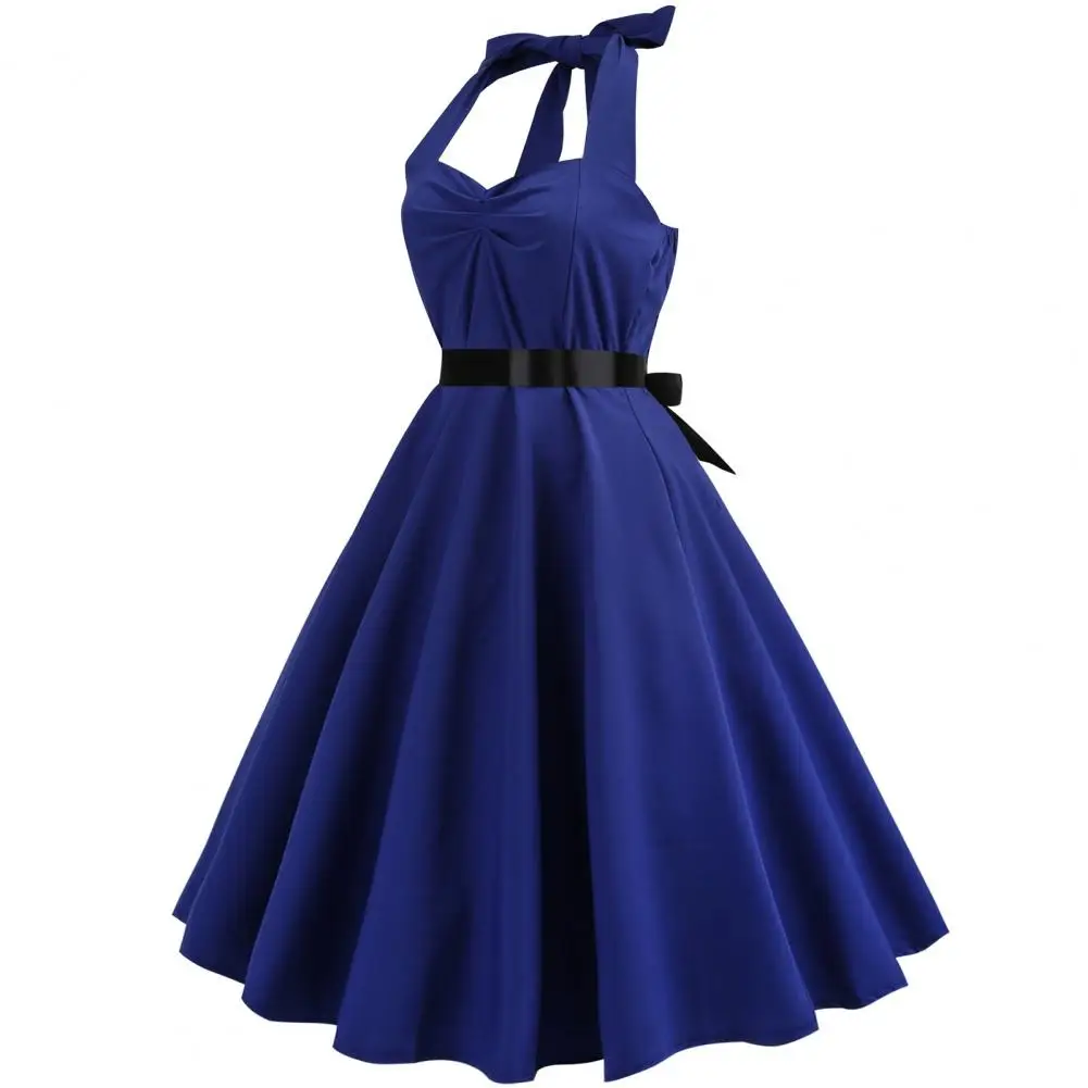 Elegant Women Evening Dress Lace-up Halter Neck A-line Off Shoudler Solid Color Retro Cocktail Party Wedding Midi Dress