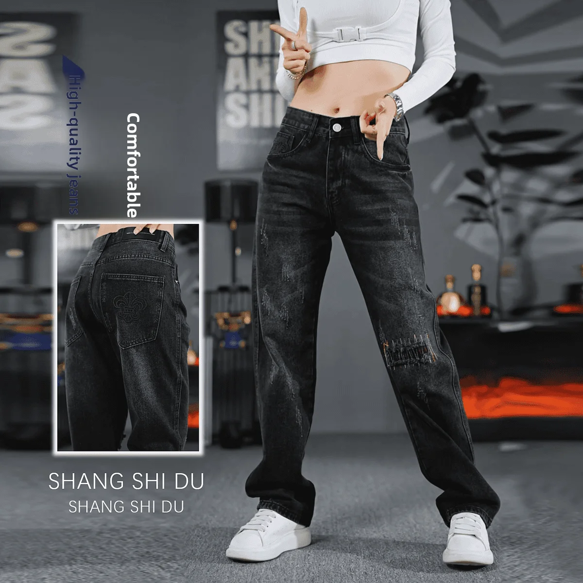 

High-End Men's Retro American Denim Jeans Straight Loose Casual Versatile Embroidered Long Pants Fashionable Urban Youth