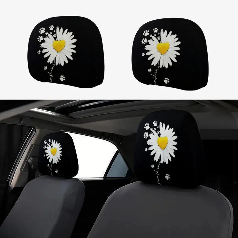 Black Background Daisy Heart Paw Print Pattern Car Headrest Cover Ideal for Travel Daily Commute Car Interior Decoration