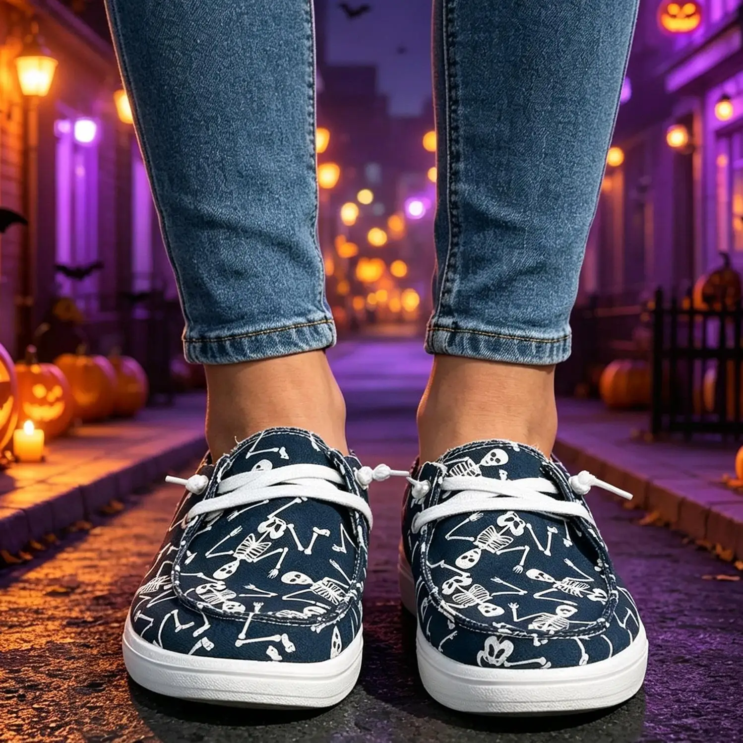 Women Halloween Skeleton Bones Print Canvas Shoes Ladies Lightweight Lace‑up Flat Casual Walking Loafers