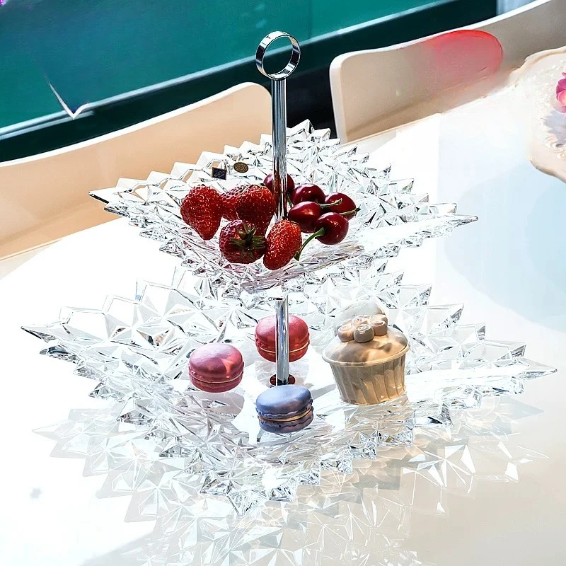 Crystal glass afternoon tea snack shelf, dessert counter tray, cake tray, double fruit tray