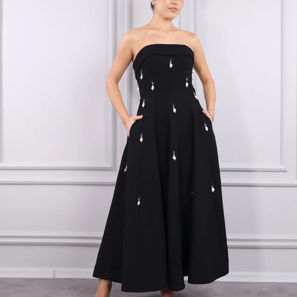 

Customized High Quality Crystal Jersey Evening Dresses Graceful Strapless Sleeveless A-Line Ankle Length Bespoke Occasion Gowns