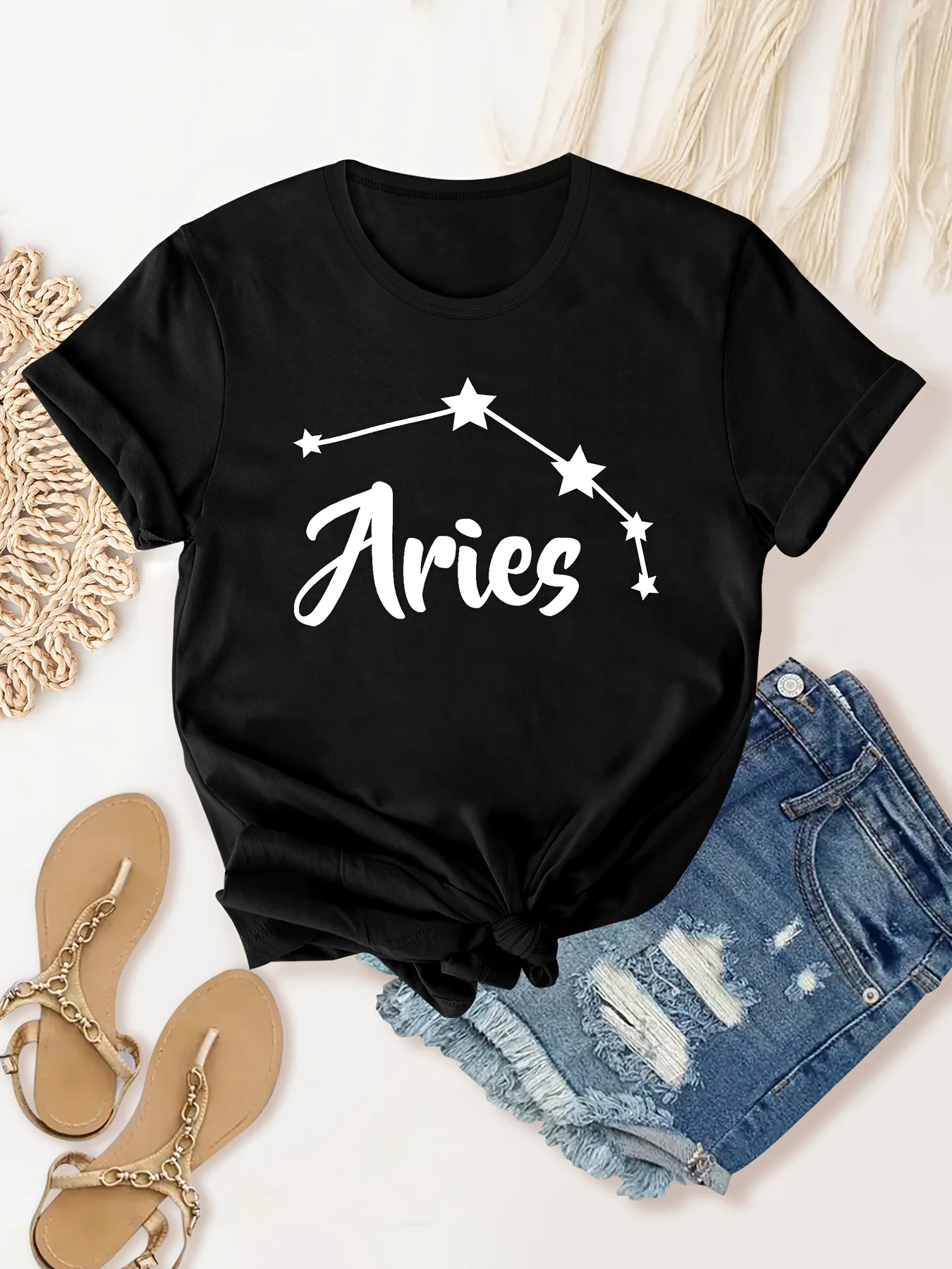 Aries Print Crew Neck T-shirt, Casual Short Sleeve Top For Spring & Summer, Women's Clothing