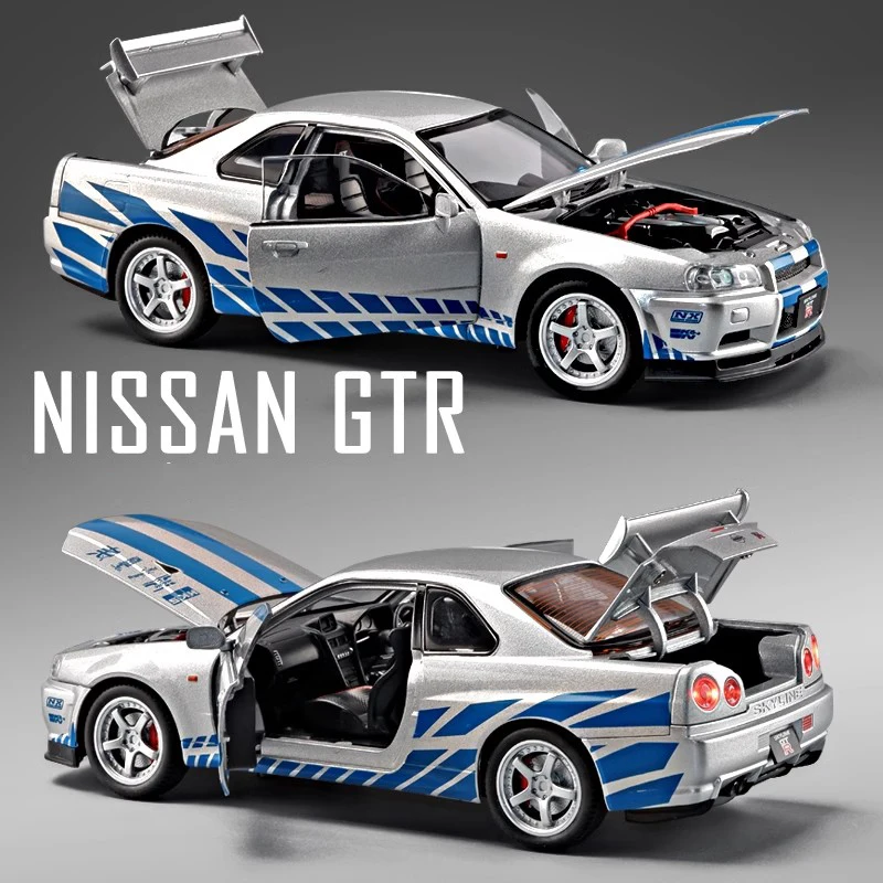 1:24 Nissan GTR R34 Skylin Fast & Furious Alloy Car Model Sound and Light Pull Back Children's Toy Collectibles Birthday gift