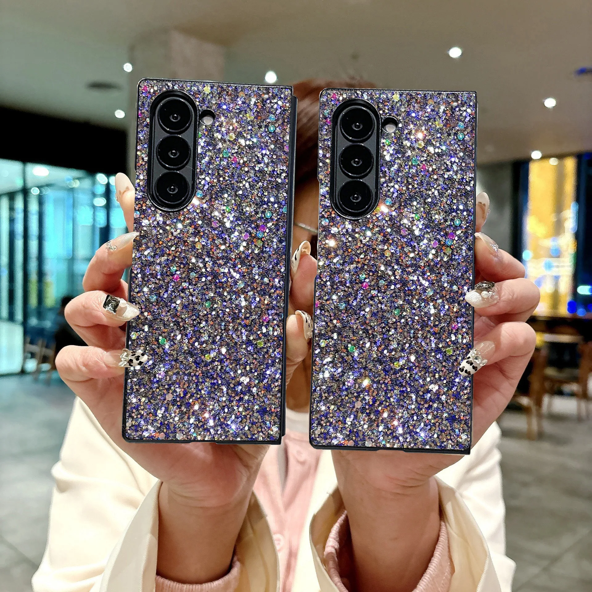 Suitable For Samsung Galaxy Z Fold 8 7 6 5 4 3 phone case anti drop folding screen luxury purple starry sky glitter Hard Shell