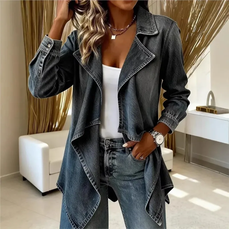 2026 New Autumn And Winter Women's Denim Jacket Solid Color Irregular Collar Fashion Comfortable Versatile Personalized Jacket