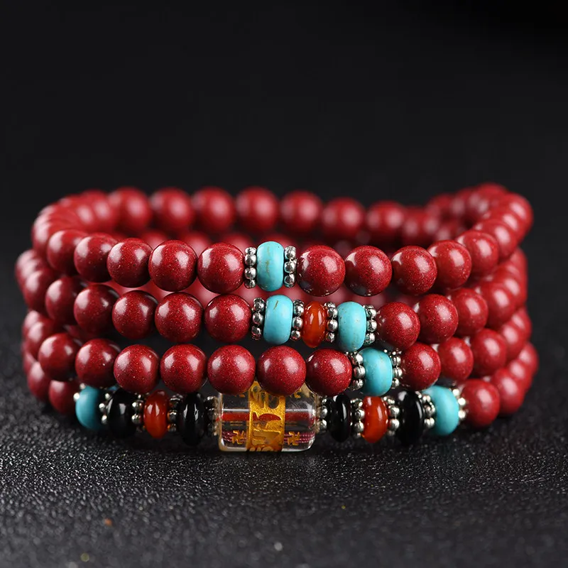 Chinese Style 108 Pcs Cinnabar Beads Bracelet Lucky Blessing Peace Fortune Charm Bracelet For Women Men Turquoise Accent Spiritu