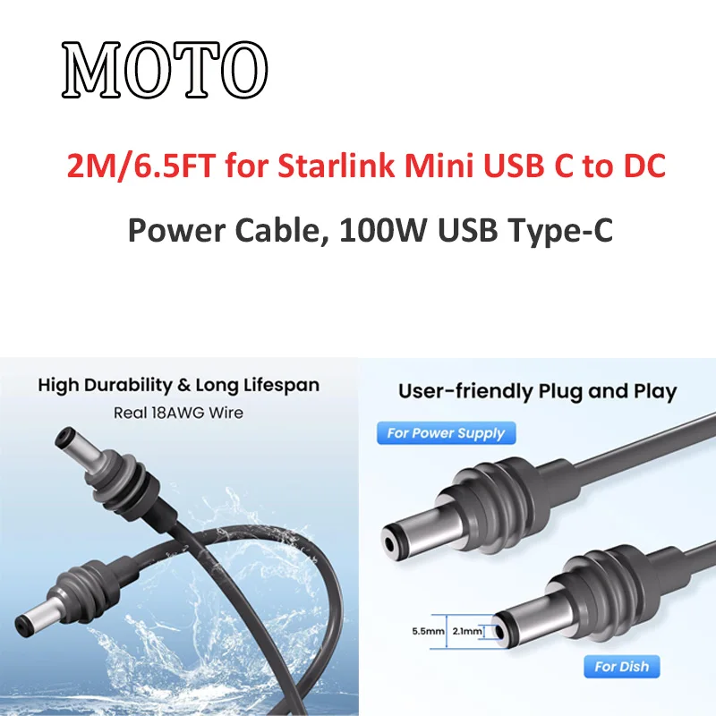 100W USB Type-C Input 2M/6.5FT for Starlink Mini USB C to DC Power Cable Waterproof Barrel Jack Charging Cord Work with 65W