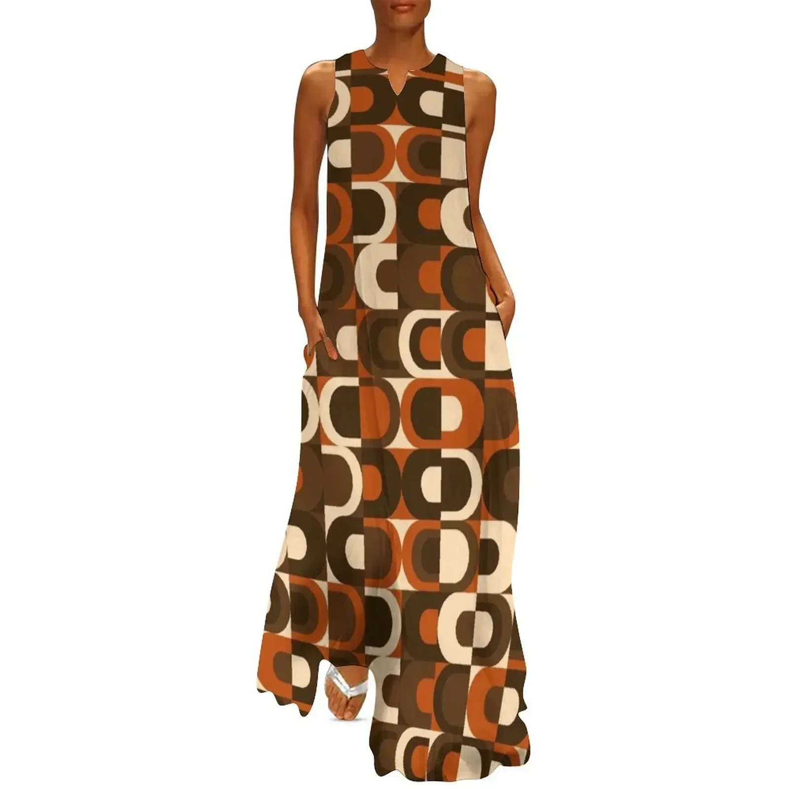 

70s Pattern Retro Inustrial in Orange and Dark Brown Long Dress dresses with long sleeves beach outfits for women Dress