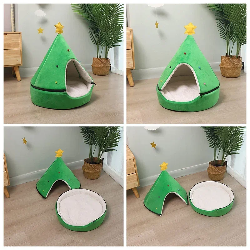 

New Christmas Cat Bed Dog Tent House Mat Pet Self-Warming 2 in 1 Cave Cute Sofa for Small Kitten Hut Hideout Green Supplies