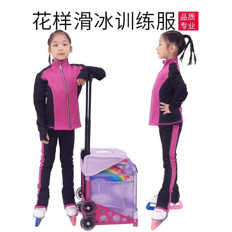 Customized Figure Skating Suits Jacket and Pants Long Trousers for Girl Women Training Ice Skating Warm black pink Mesh sleeve