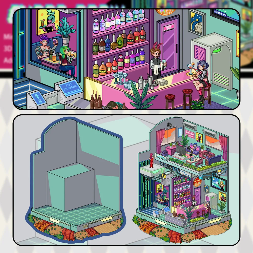 ملصقات المناظر الطبيعية الكرتونية - كوخ ستيريو ثلاثي الأبعاد على طراز Cyber Style، شارات مشهد DIY لتخفيف التوتر لحساب اليد (متجر Anime Worlds)