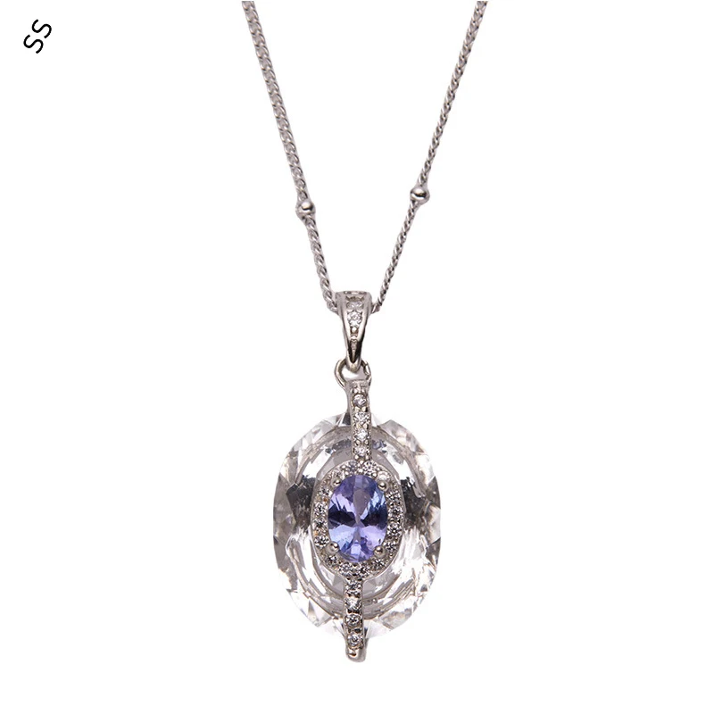 

S925 Pure Silver Natural Tanzanite White Crystal Necklace Female Niche Design Premium Sense Colorful Gemstone Pendant Accessory