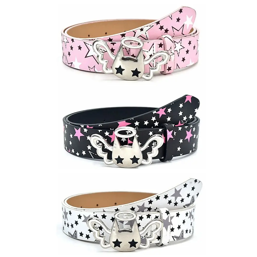 PU Leather Strap Women Waist Belt Casual All Over Star Print Y2K Waistband Pink Bow Decor Adjustable Decorative Jean Belt