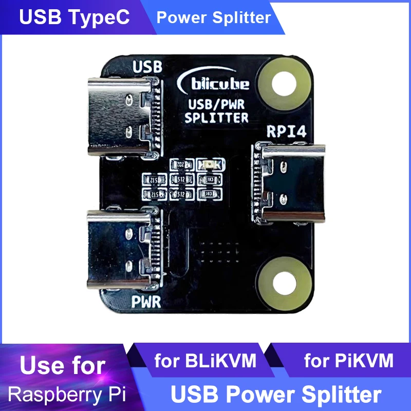 

USB/разветвитель питания для Raspberry Pi BliKVM и PiKVM «KVM over IP», совместимый с HDMI, сплиттер питания 1 в 2 типа C USBC