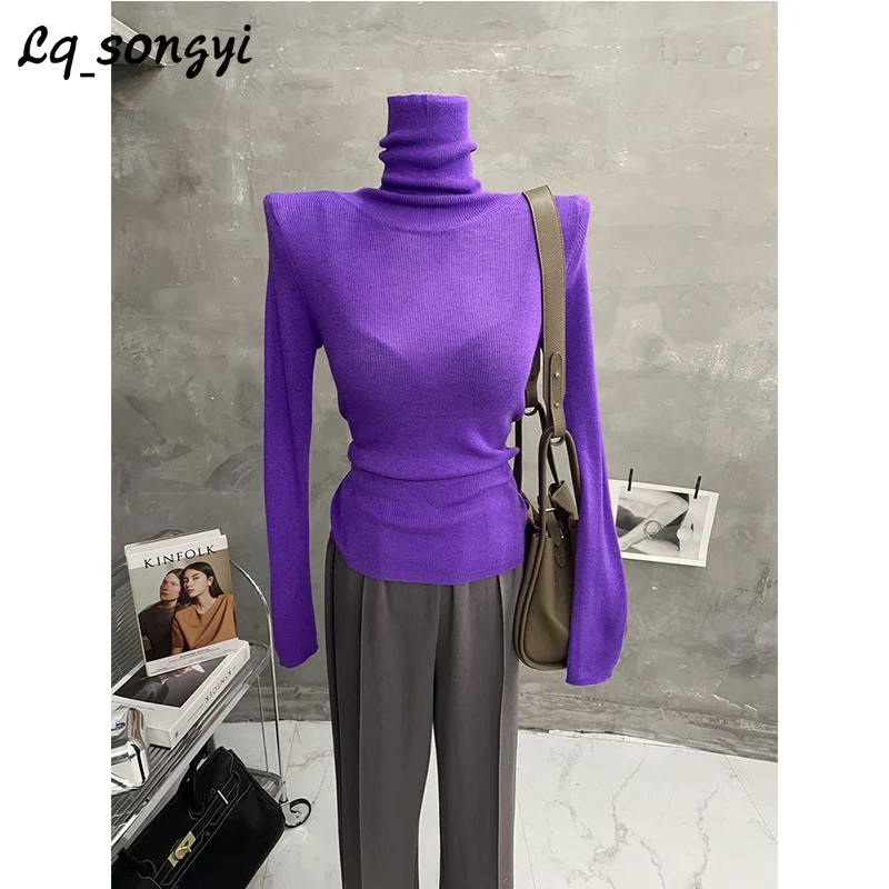 

Lq_songyi Turtlenck Knitted T Shirts for Women Slim Fit Tops Candy Color 2024 Spring Autumn Winter New Thin See-through Sweater