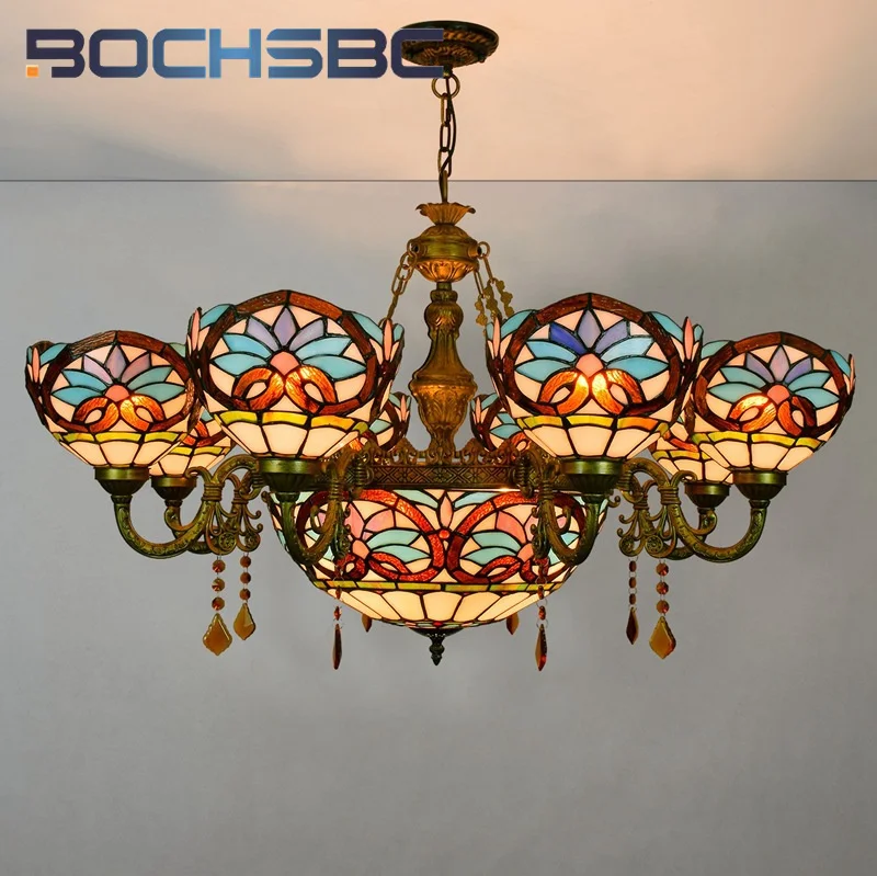 BOCHSBC Tiffany style Stained glass Retro Love Baroque multi-head Crystal Pendant lamp Living Room Dining Room Hotel LED decor