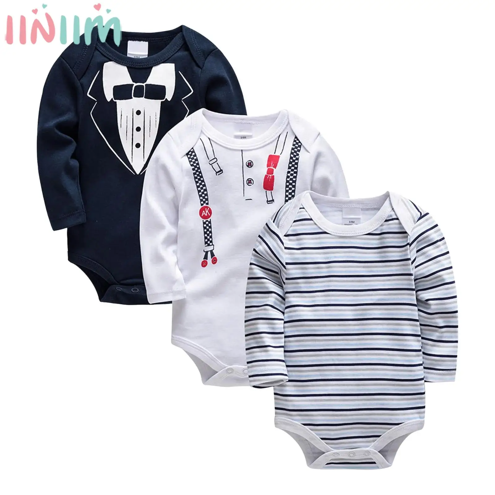 

Комплект из 3 предметов для новорожденных мальчиков и девочек: боди с длинным рукавом, на пуговицах, с милым принтом, для повседневной носки, вечеринок, дома и сна